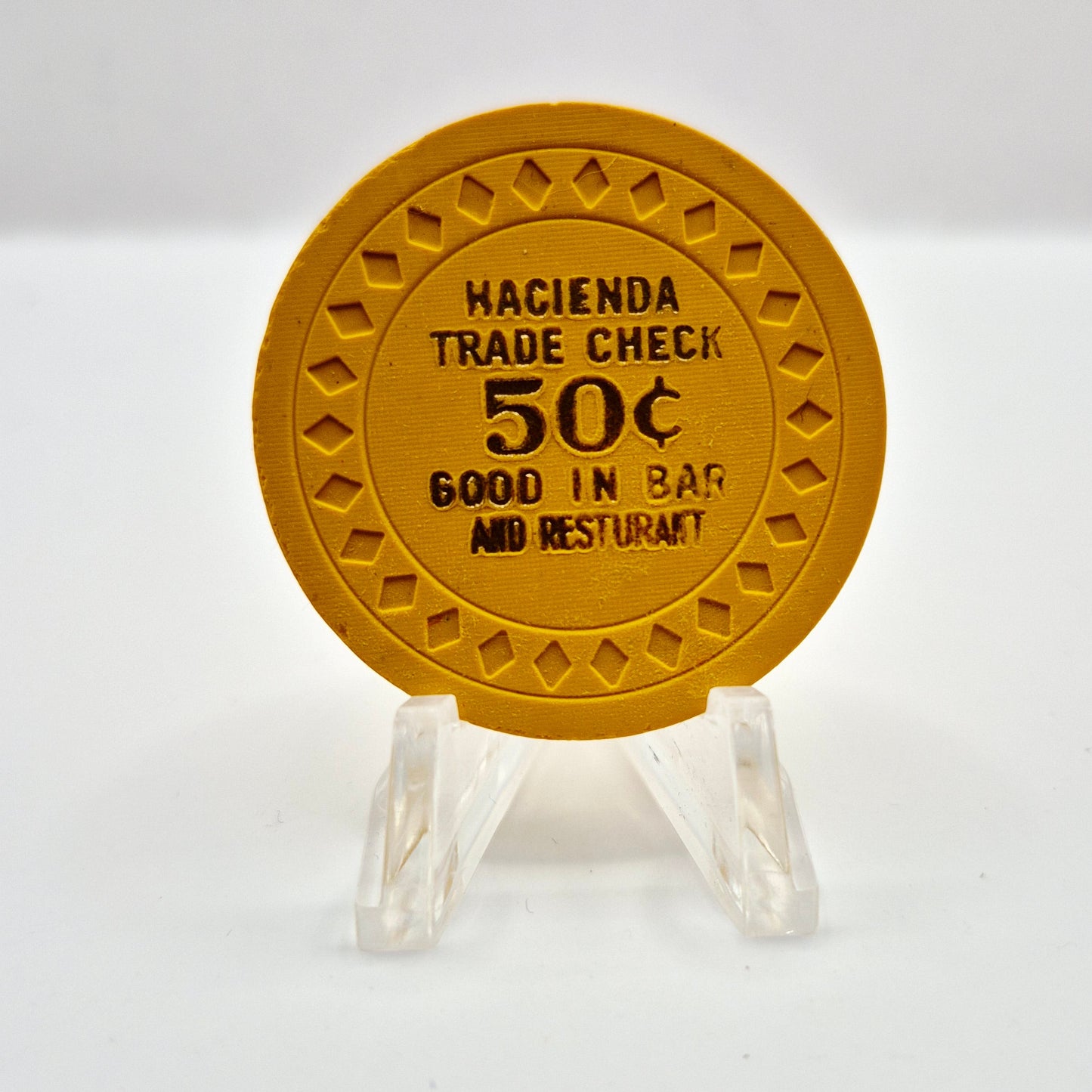 Hacienda Casino Las Vegas Nevada 1950's $.50 Trade Check  "Good in Bar Restaurant" Chip V4396