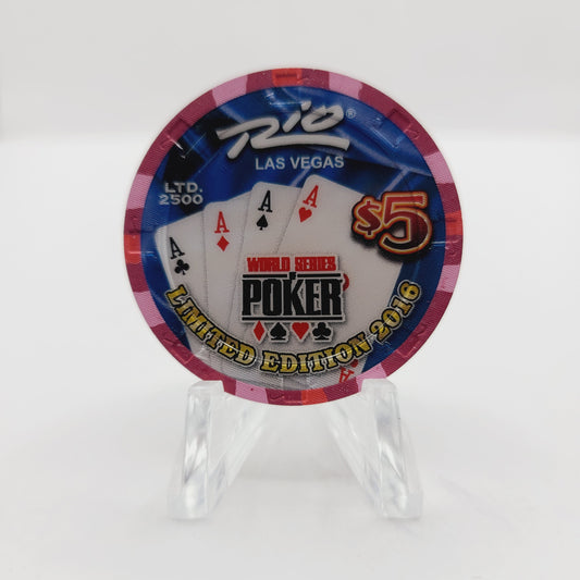 Rio Hotel Casino Las Vegas Nevada 2016 WSOP "Four Aces" $5 Casino Chip D2393 LTD2500