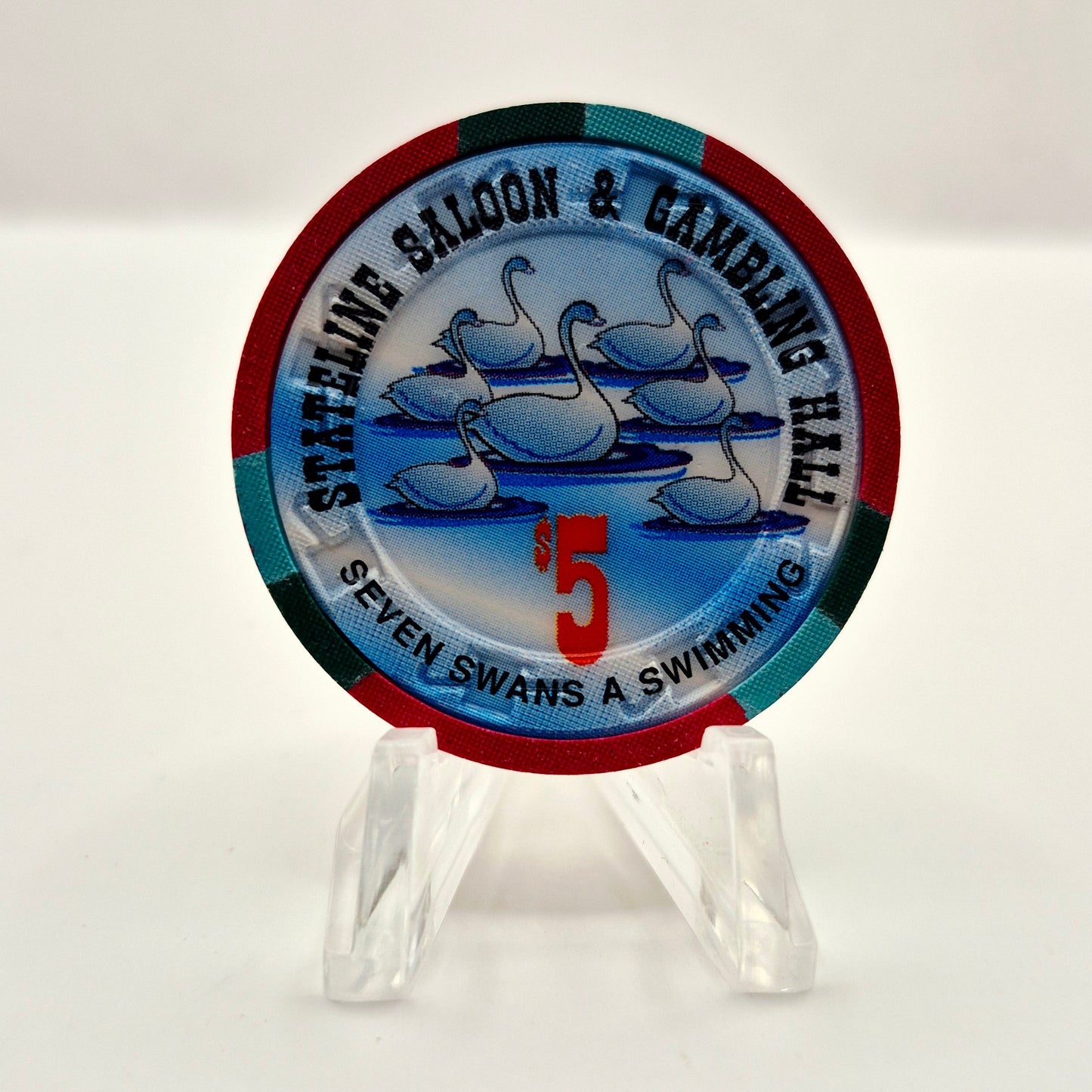 Stateline Saloon Amargosa Valley Nevada 1996 'Seven Swans A Swimming' LE $5 Casino Chip N9170