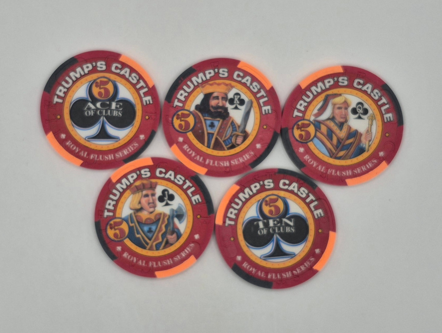 Trump's Castle Hotel Casino Atlantic City New Jersey 'Royal Flush Series CLUBS' 5 Chip Set