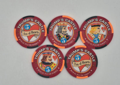 Trump's Castle Hotel Casino Atlantic City New Jersey 'Royal Flush Series HEARTS' 5 Chip Set