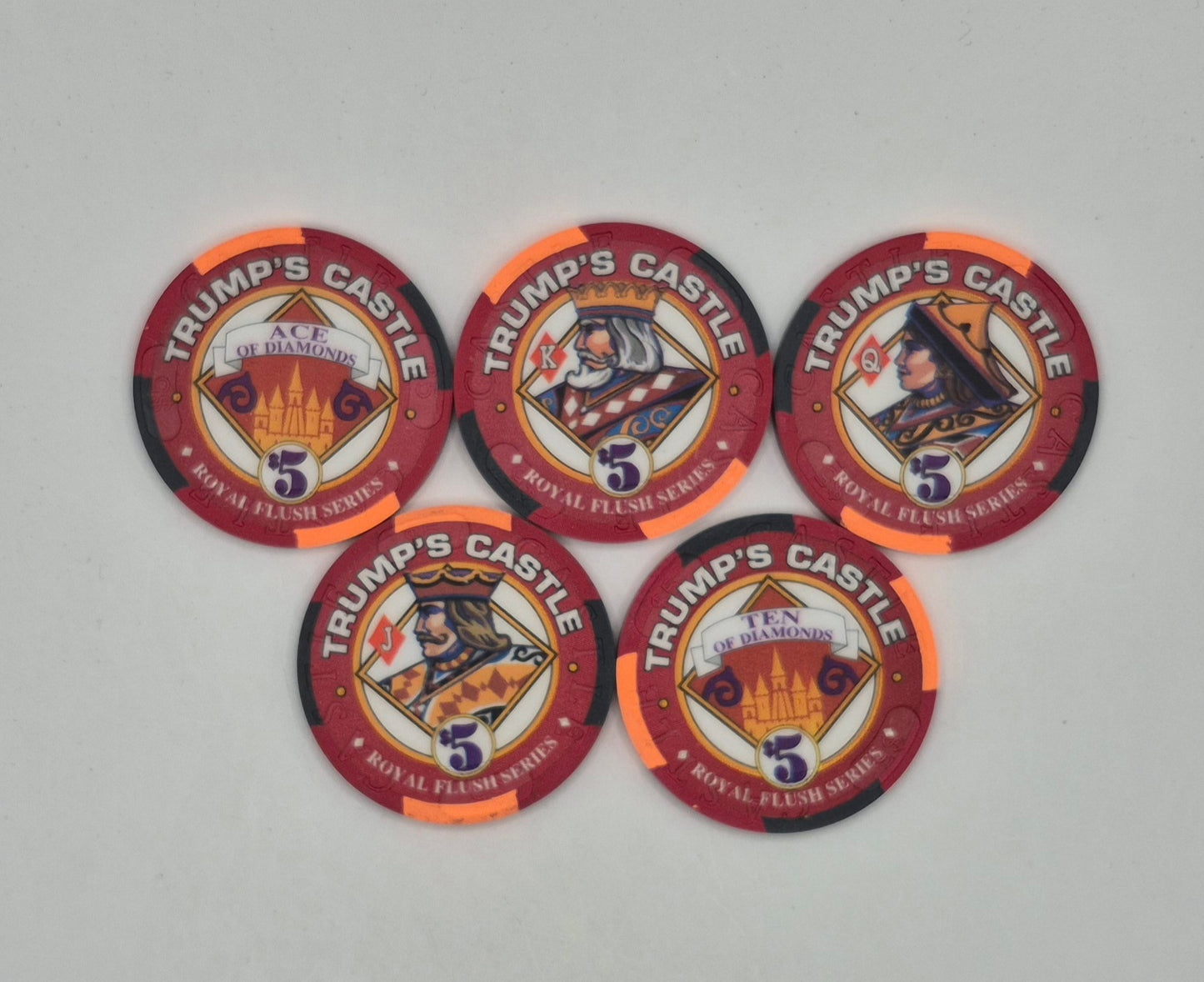 Trump's Castle Hotel Casino Atlantic City New Jersey 'Royal Flush Series DIAMONDS' 5 Chip Set
