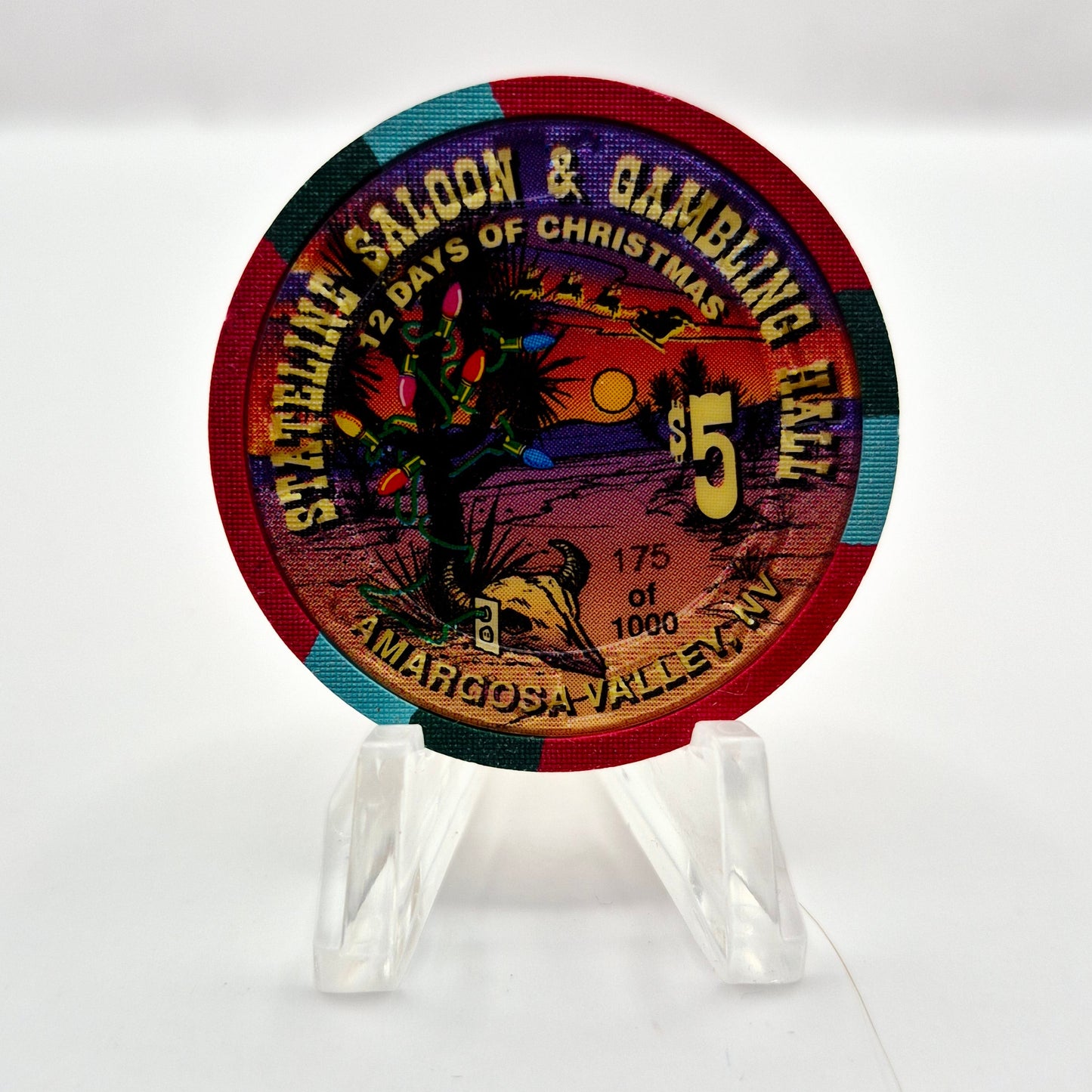 Stateline Saloon Amargosa Valley Nevada 1996 'Eight Maids a Milking' LE $5 Casino Chip N9171