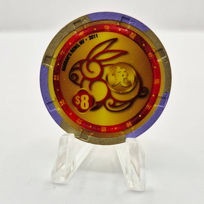 Harrah's Casino Hotel Reno Nevada 2011 'Chinese New Year of the Rabbit' $8 Casino Chip D0062