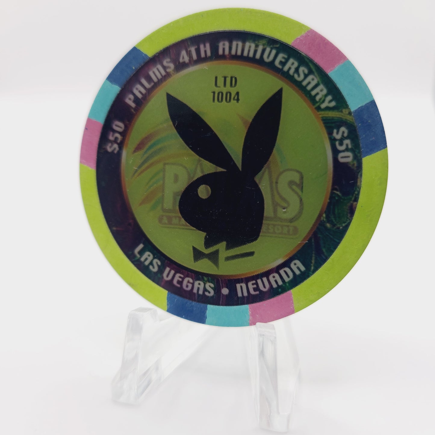 Palms Hotel Casino Las Vegas Nevada 2005 $50 "4th Anniversary & Playboy Bunny" Hologram 50 mm E4903 LTD 1004