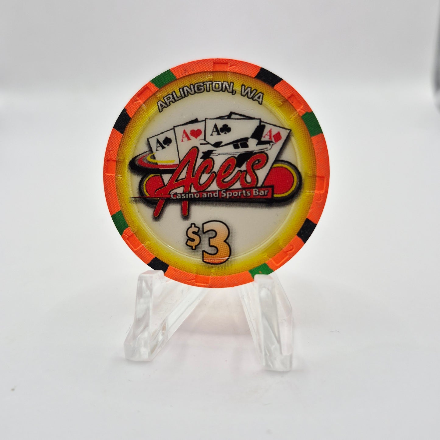Aces Casino & Sports Bar Arlington Washington 'UNCIRCULATED' $3 Casino Chip