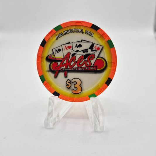 Aces Casino & Sports Bar Arlington Washington 'UNCIRCULATED' $3 Casino Chip