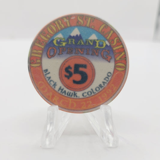 Gregory St. Casino Black Hawk Colorado 1992 "Grand Opening" $5 Casino Chip