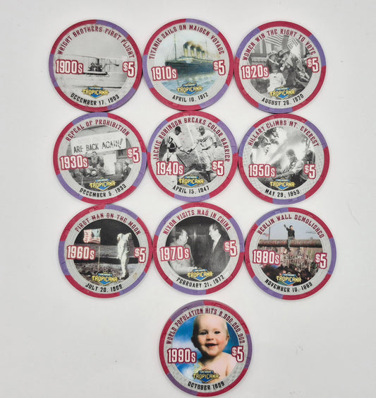Tropicana Hotel Casino Las Vegas Nevada 1999 $5  10 Chip Collection "The Centuries Greatest Moments"