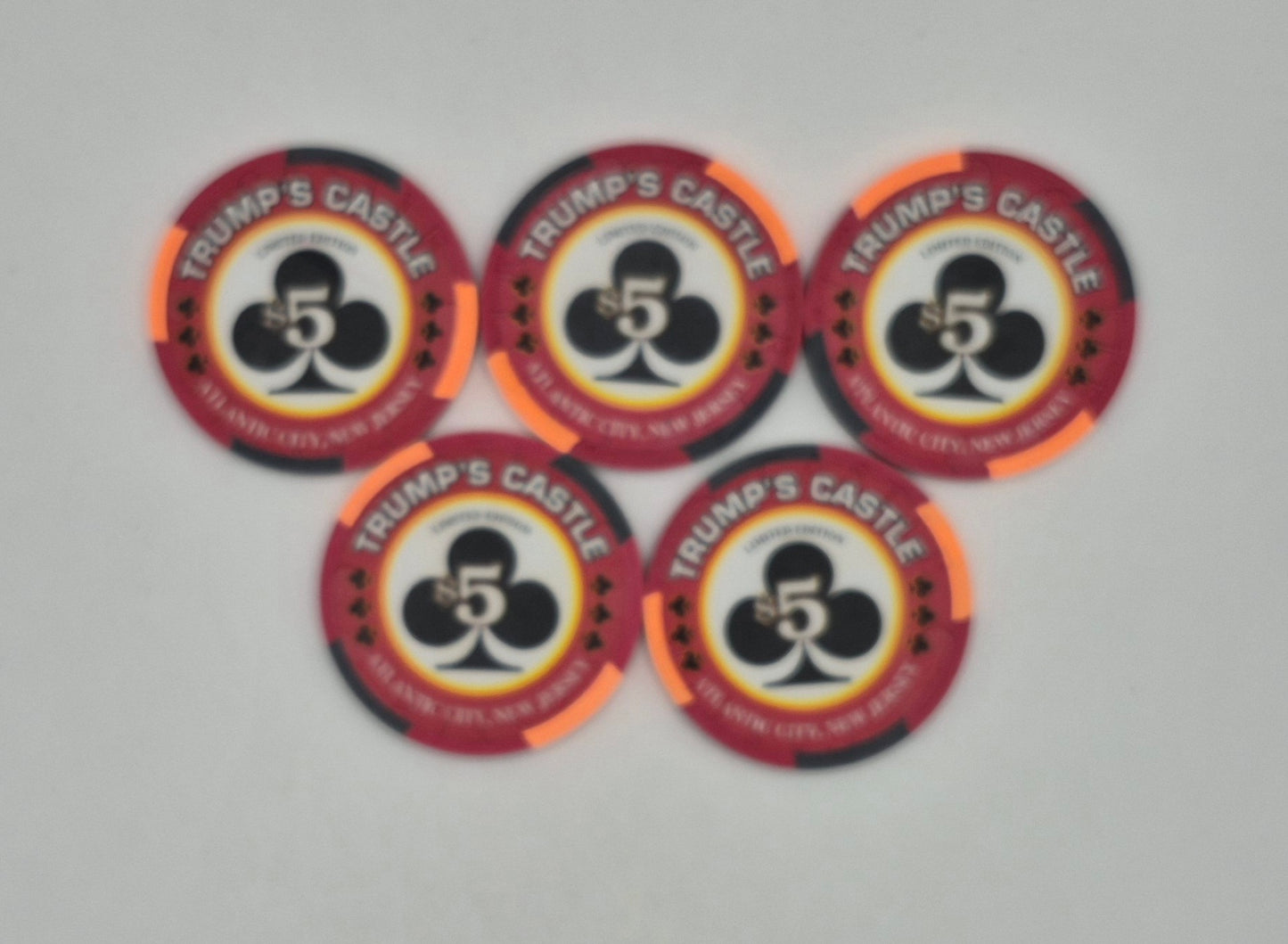 Trump's Castle Hotel Casino Atlantic City New Jersey 'Royal Flush Series CLUBS' 5 Chip Set
