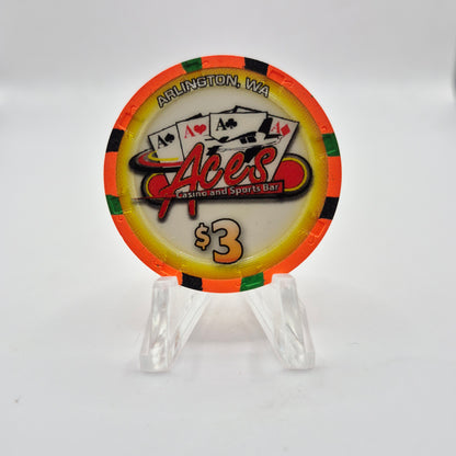 Aces Casino & Sports Bar Arlington Washington 'UNCIRCULATED' $3 Casino Chip