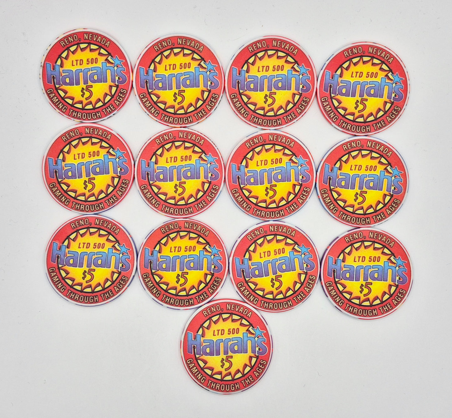 Harrah's Hotel Casino Reno Nevada 2000 'Gaming Through the Ages' Stackable With Edge Design 13 $5 Chip Collection