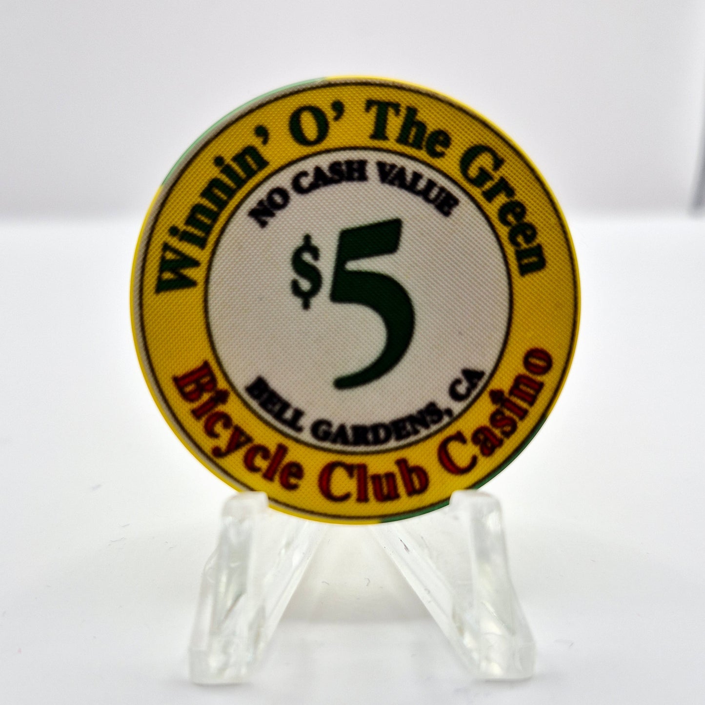 Bicycle Club Casino Bell Gardens California $5 NCV Casino Chip "WINTER O' THE GREEN"