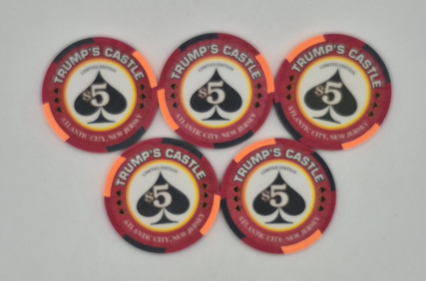 Trump's Castle Hotel Casino Atlantic City New Jersey 'Royal Flush Series SPADES' 5 Chip Set