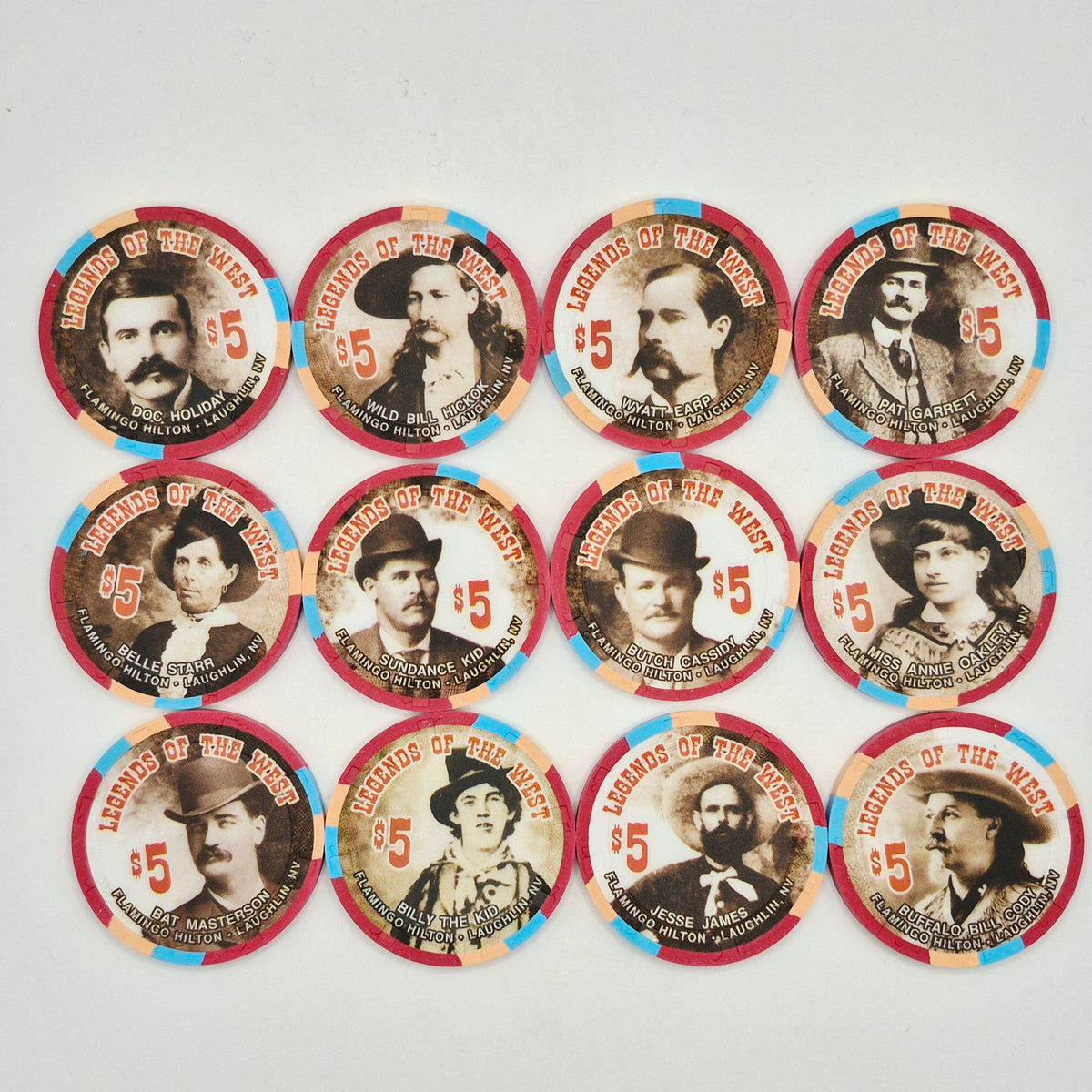 Flamingo Hilton Resort Casino Laughlin Nevada 1996 'Legends of the West' 12 Chip Set **Serial #275