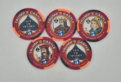 Trump's Castle Hotel Casino Atlantic City New Jersey 'Royal Flush Series SPADES' 5 Chip Set