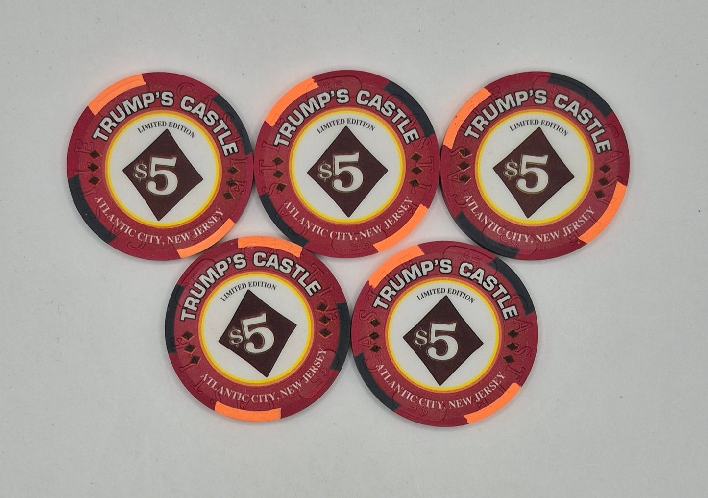 Trump's Castle Hotel Casino Atlantic City New Jersey 'Royal Flush Series DIAMONDS' 5 Chip Set