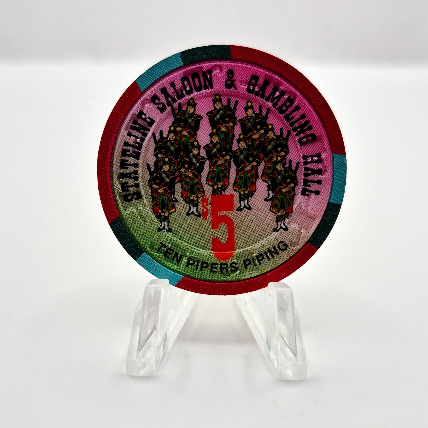 Stateline Saloon Amargosa Valley Nevada 1996 '10 Pipers Piping $5 Casino Chip N9173