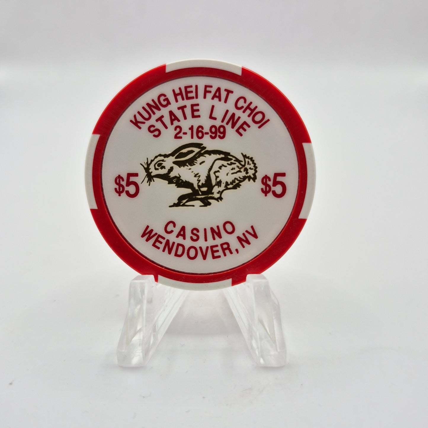 State Line Casino Wendover Nevada 1999 'Chinese year of the Rabbit' $5 Casino chip V9841