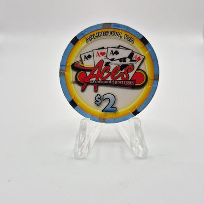 Aces Casino & Sports Bar Arlington Washington 'UNCIRCULATED' $2 Casino Chip