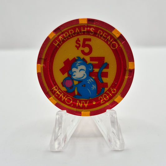 Harrah's Casino Hotel Reno Nevada 2016 'Year of the Monkey' $5 Casino Chip D2108