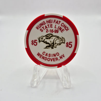 State Line Casino Wendover Nevada 1999 'Chinese year of the Rabbit' $5 Casino chip V9841