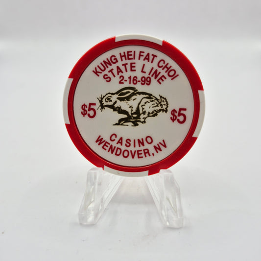 State Line Casino Wendover Nevada 1999 'Chinese year of the Rabbit' $5 Casino chip V9841