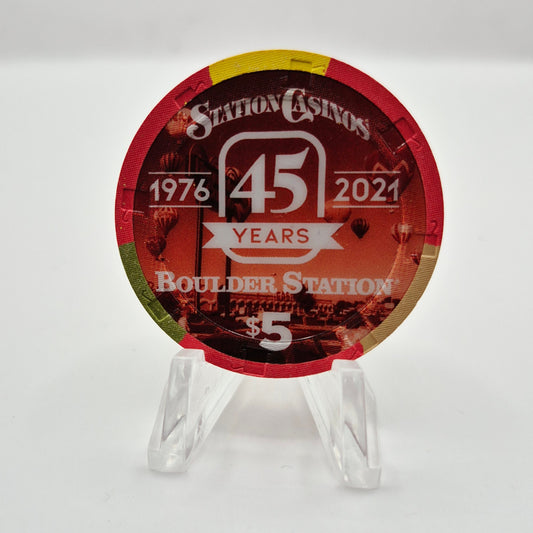 Boulder Station Hotel Casino Las Vegas Nevada 2021 'Station Casinos 45 Year Anniversary' $5 Casino Chip