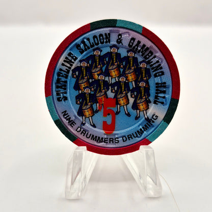 Stateline Saloon Amargosa Valley Nevada 1996 '9 Drummers Drumming $5 Casino Chip N9172