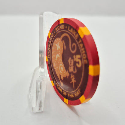 Harrah's Casino Hotel Reno Nevada 2008 'Year of the Rat' $5 Casino Chip E8559