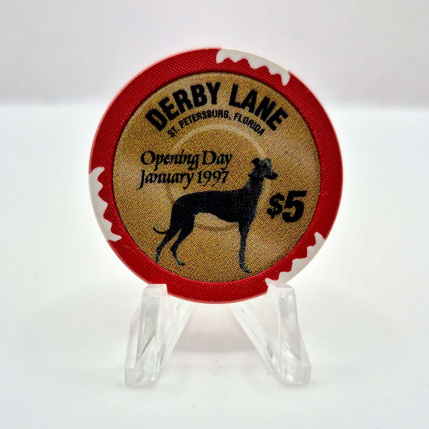 Derby Lane Racino St Petersburg Florida 1997 "OPENING DAY" $5 Casino Chip