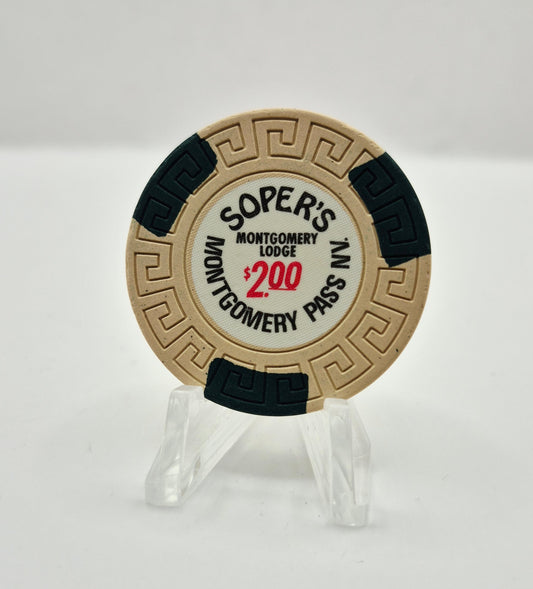 Montgomery Lodge 'Sopers' Montgomery Pass Nevada 1980's $2 Casino Chip E5596 *Circulated