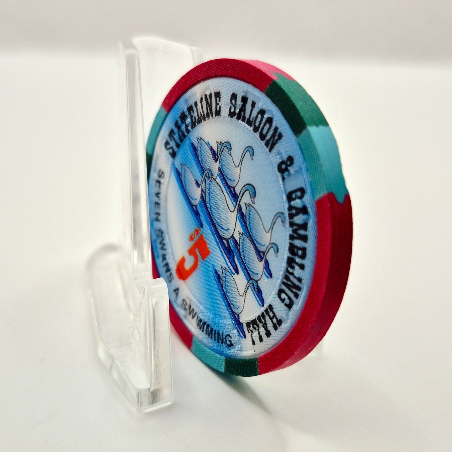 Stateline Saloon Amargosa Valley Nevada 1996 'Seven Swans A Swimming' LE $5 Casino Chip N9170