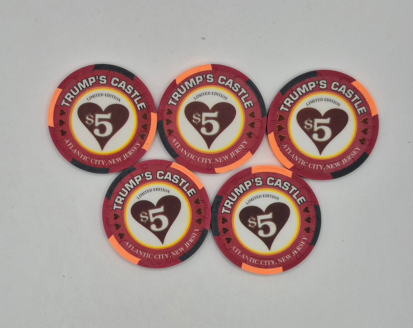 Trump's Castle Hotel Casino Atlantic City New Jersey 'Royal Flush Series HEARTS' 5 Chip Set