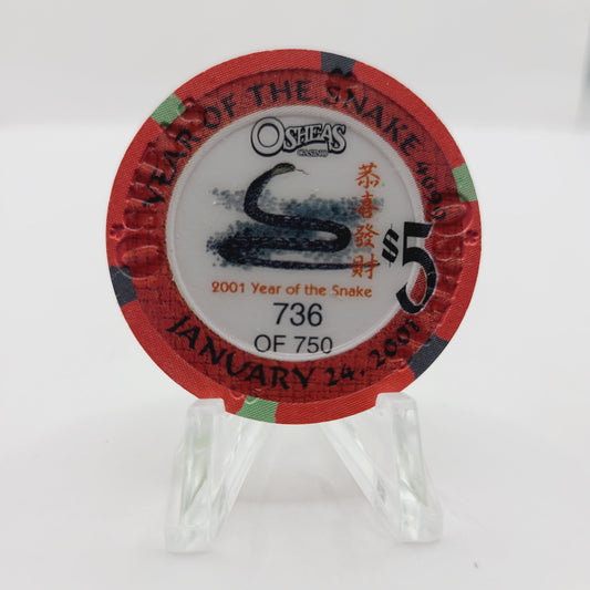 O'Shea's Hotel Casino Las Vegas Nevada "Year of the Snake" 2001 $5 Casino chip V7602 LTD 750 #736