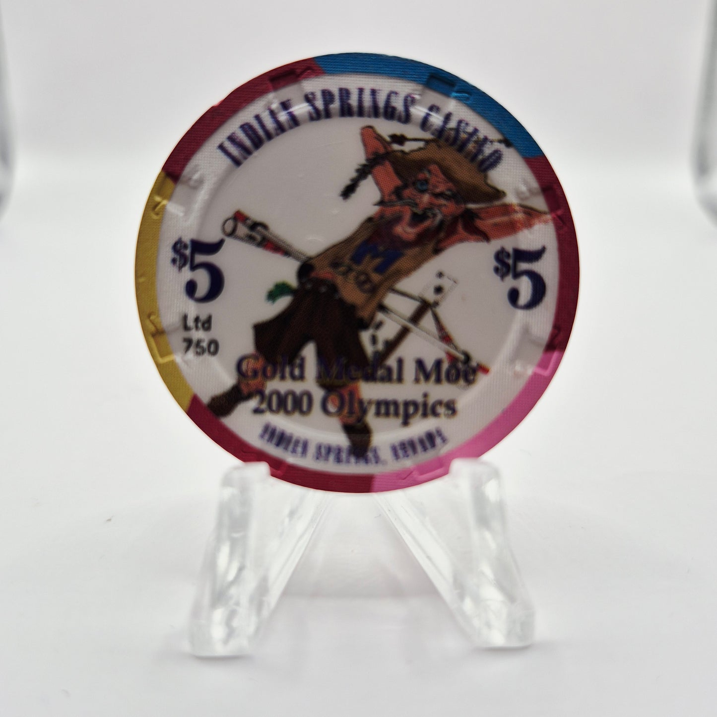 Indian Springs Casino Indian Springs NV, Golden Medal Moe 2000 Olympics $5 Chip V6926