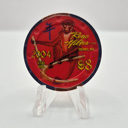 Reno Hilton Resort Casino Reno Nevada 2004 'Year of the Monkey'$8 Casino Chip E1201  LTD 600