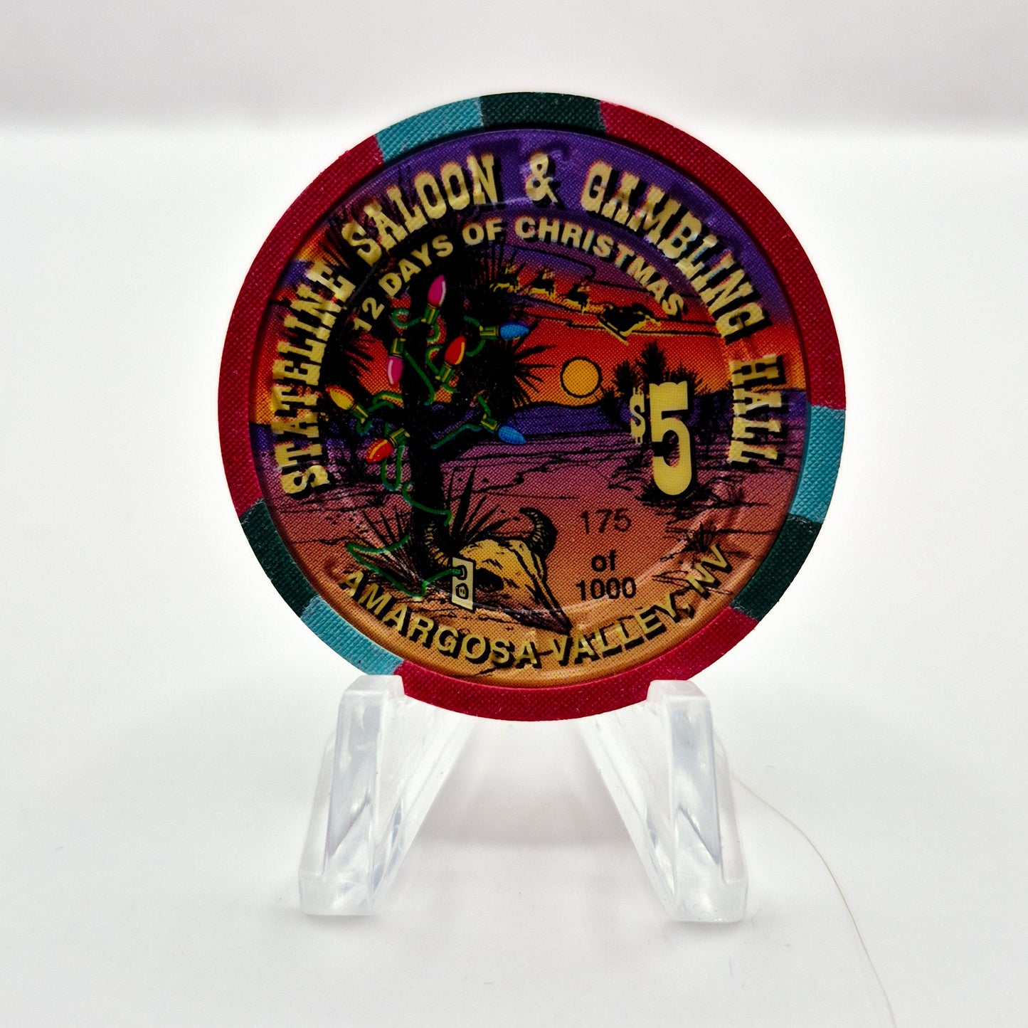 Stateline Saloon Amargosa Valley Nevada 1996 '9 Drummers Drumming $5 Casino Chip N9172