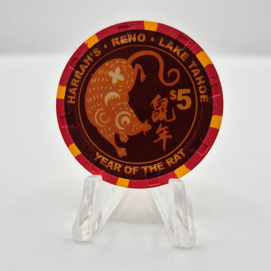 Harrah's Casino Hotel Reno Nevada 2008 'Year of the Rat' $5 Casino Chip E8559